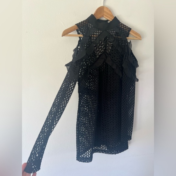 Self Portrait Black Purl Knit Combi Cold Shoulder Open Knit Ruffle Mini Dress - Picture 3 of 8